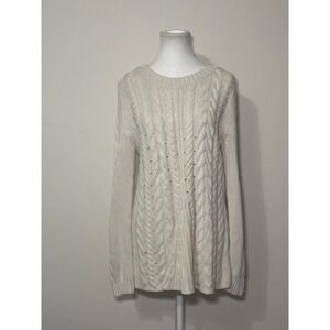 Cabi Cream Cable Knit Sweater Women's M Long Sleeve Split Back Layered Look